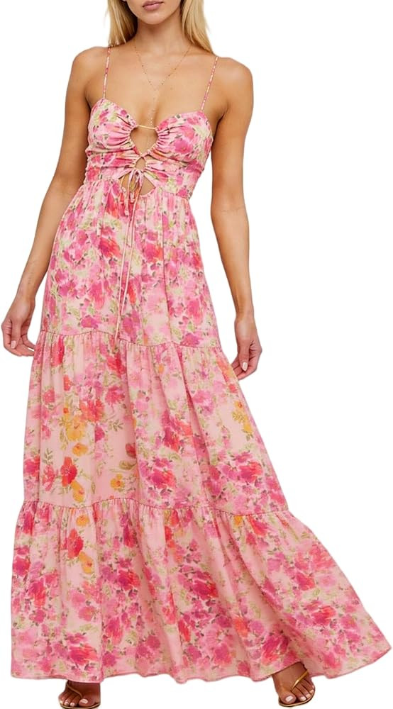 Cute Floral Long Sundresses for Women Boho Smocked Spaghetti Strap Dress Y2k Flowy Beach Ruffle B... | Amazon (US)