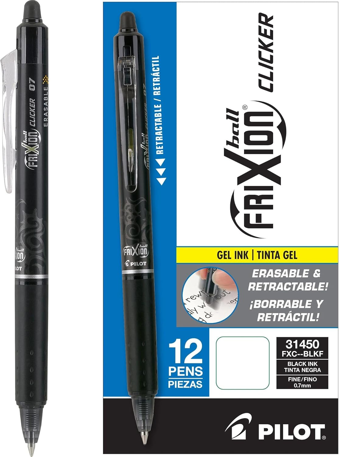 Pilot, FriXion Clicker Erasable Gel Pens, Fine Point 0.7 mm, Pack of 12, Black | Amazon (US)