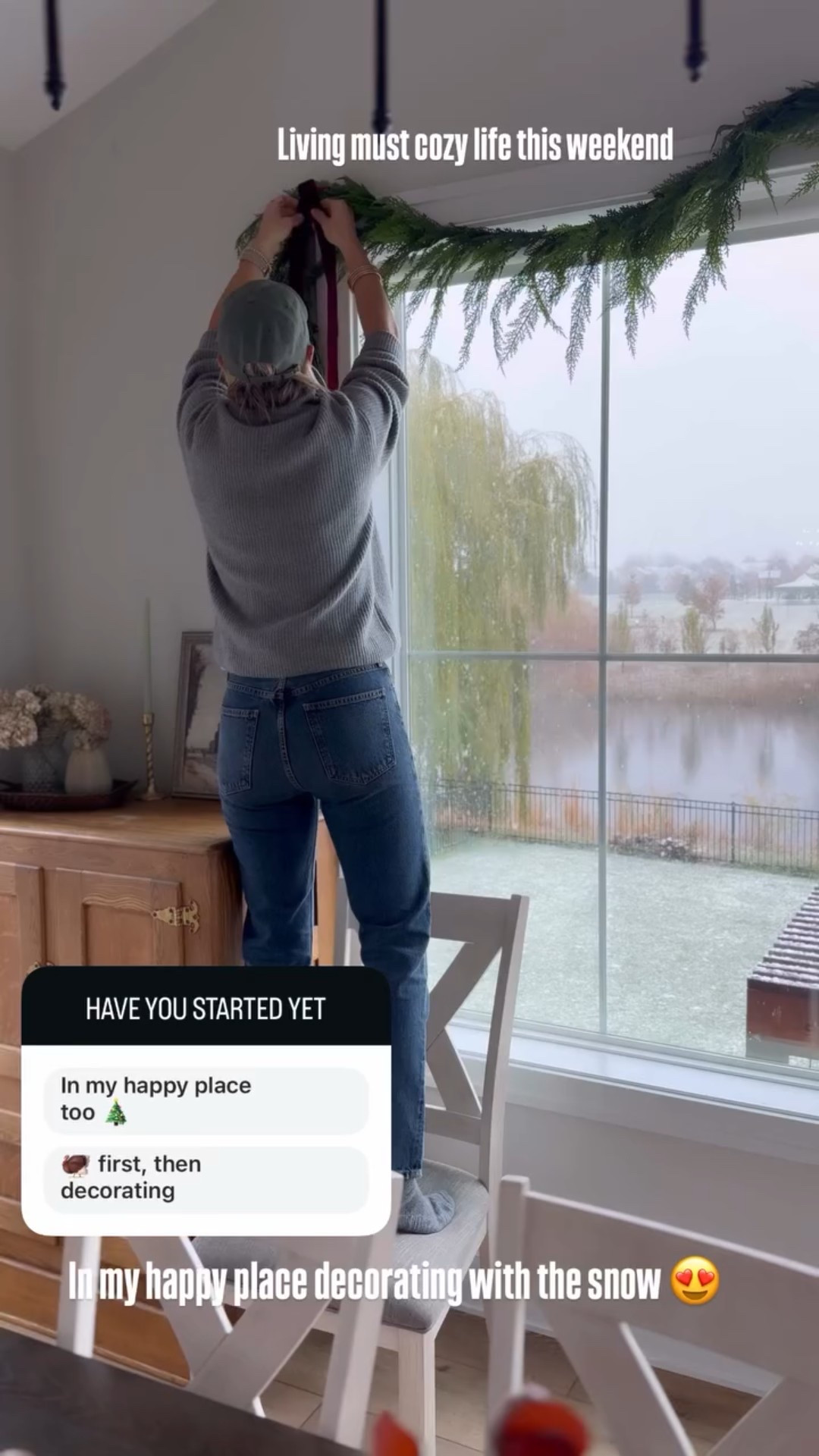 In my happy place decorating with the snow 😍 Living must cozy life this weekend

This faux cedar garland is so beautiful and looks so real- I love how it drapes on my windows - I’m using 2, 15” for our big window + I added burgundy velvet ribbon

#LTKOver40 #LTKHoliday #LTKHome