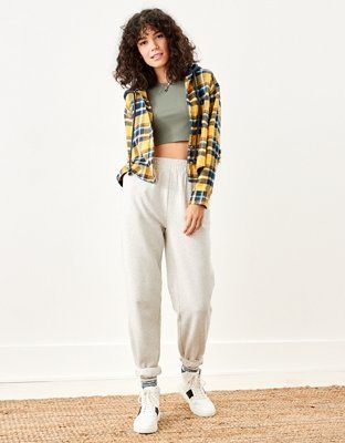 AE Cozy Cabin Cropped Hoodie Flannel | American Eagle Outfitters (US & CA)