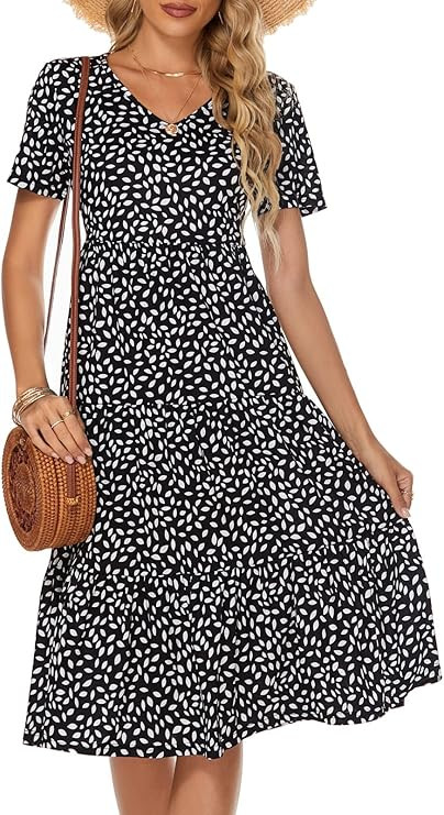 Berydress Women's Casual Summer Tiered Midi Dress 2025 Short Sleeve V-Neck Loose Cotton Ruffle Ba... | Amazon (US)
