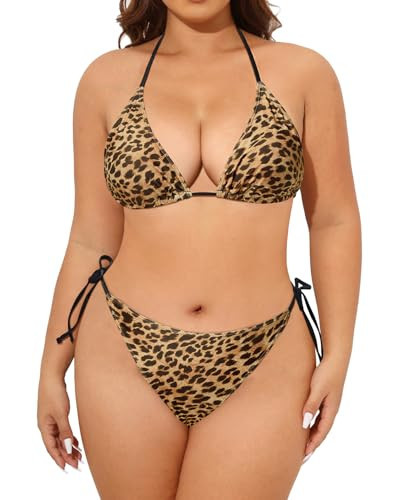 Tempt Me Women Plus Size Triangle Bikini String Two Piece Halter Tie Side Swimsuit Leopard 16 Plus | Amazon (US)
