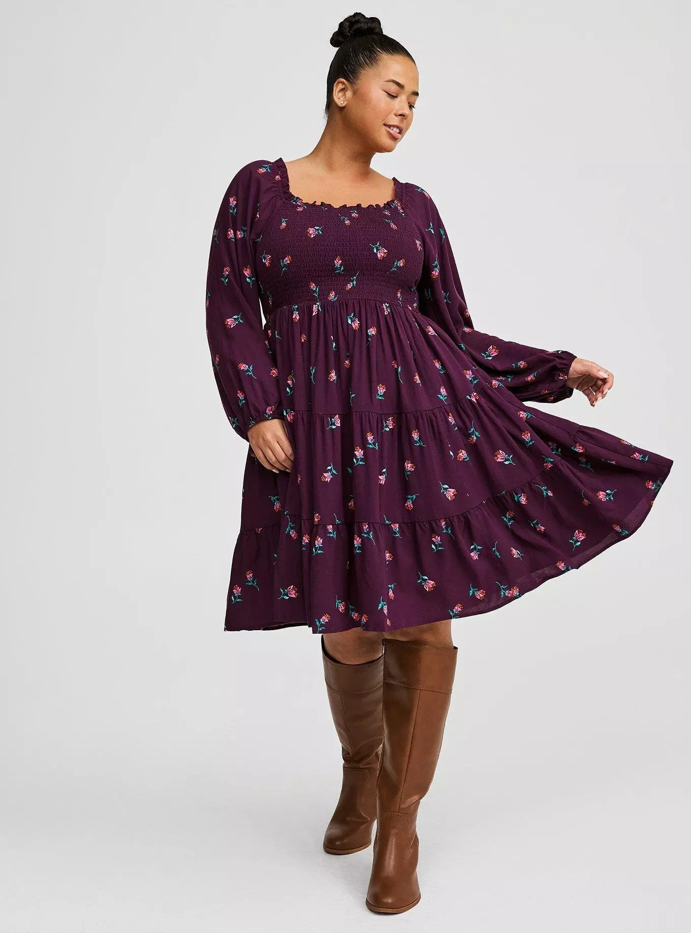 Mini Washable Challis Puff Sleeve Smocked Bodice Dress | Torrid (US & Canada)