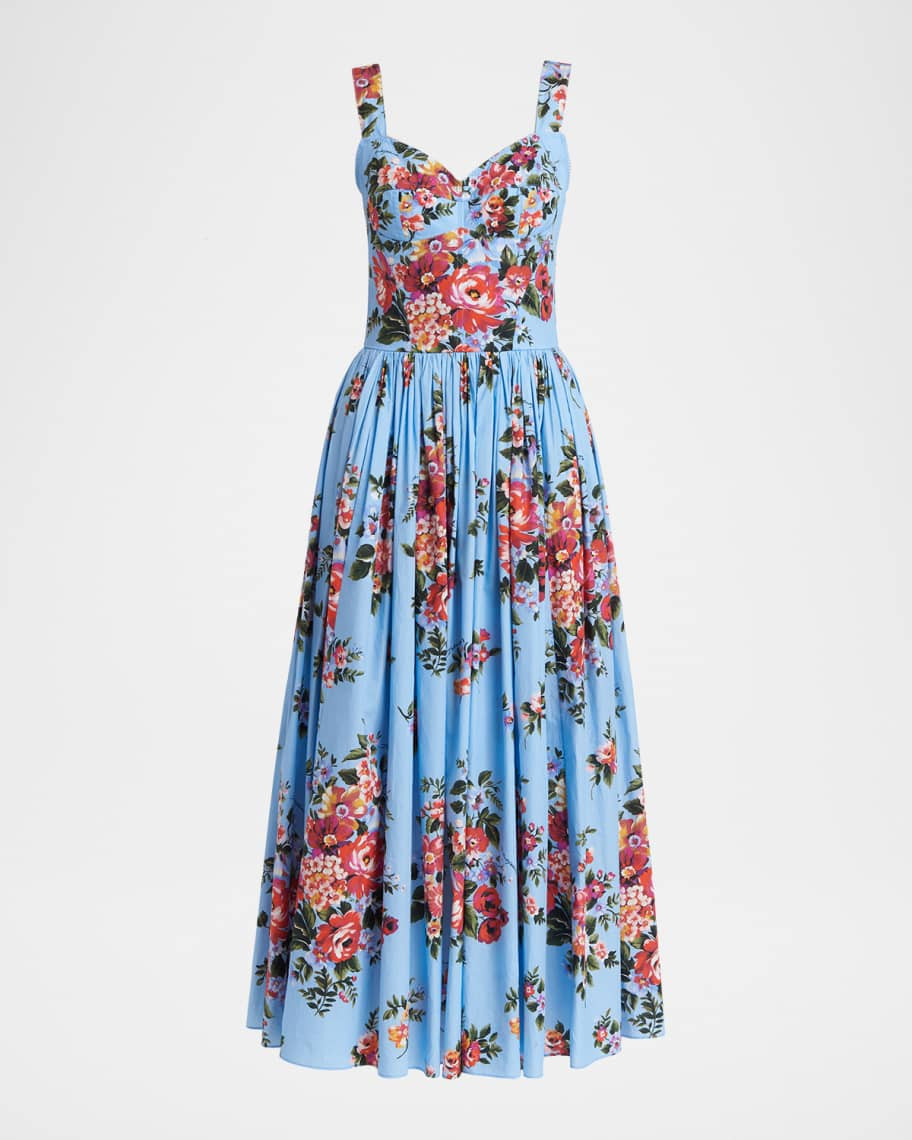Dolce&Gabbana Floral Cotton Poplin Corset Midi Dress | Neiman Marcus