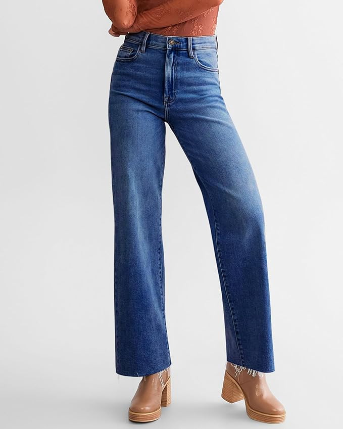 Straight Leg Jeans for Women Trendy High Waisted Cropped Boyfriend Mom Stretchy Frayed Hem Loose ... | Amazon (US)