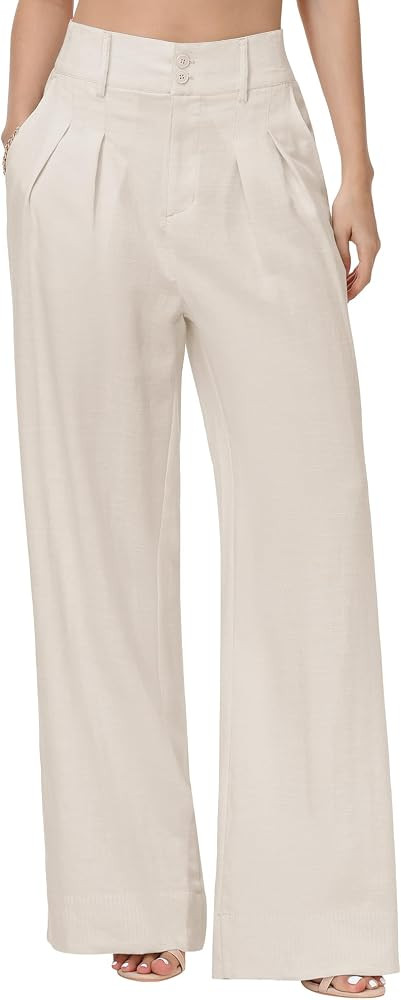 Tall Women Linen Blend Trousers 32" 34" 36" Inseam Wide Leg Pleated High Waisted | Amazon (US)