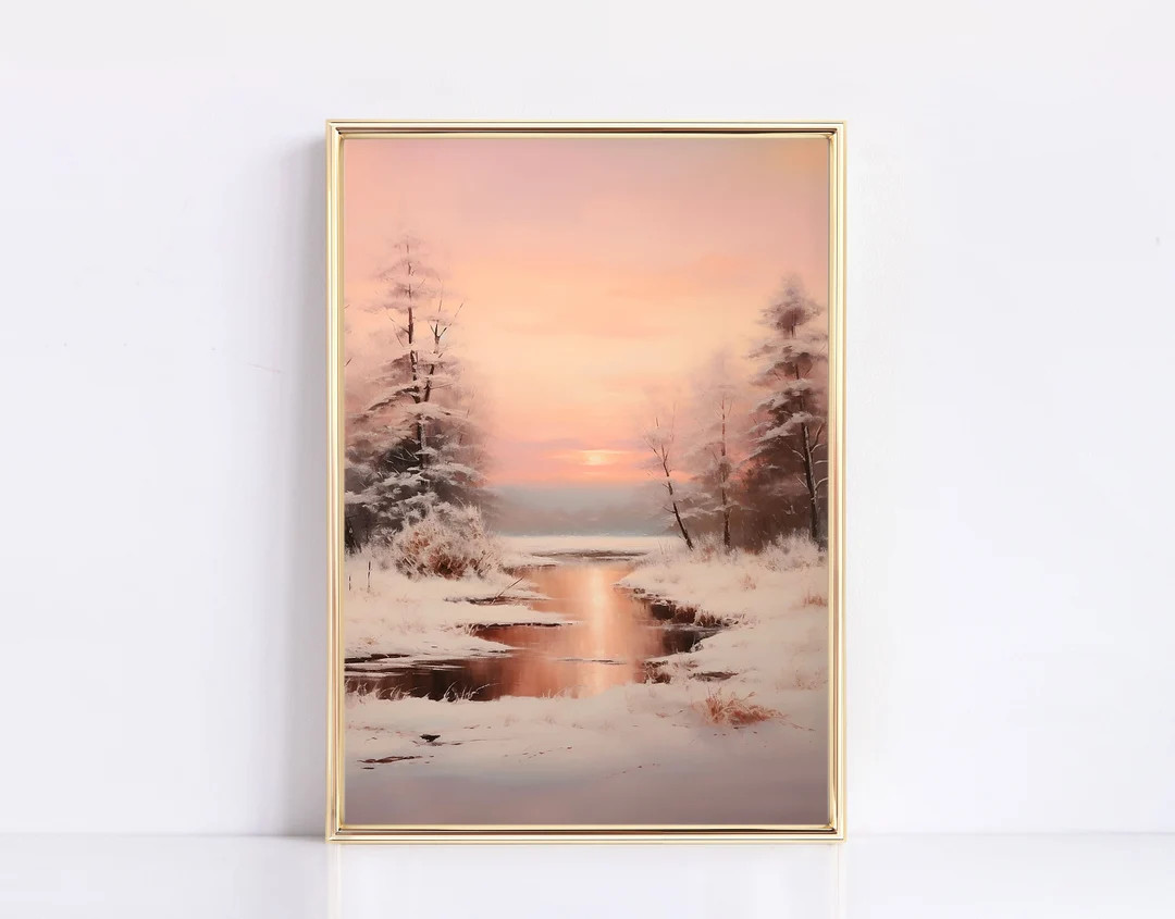 Pink Snowy Landscape Print Christmas Neutral Vintage Digital Fine Art Modern Vintage Vintage Chri... | Etsy (US)