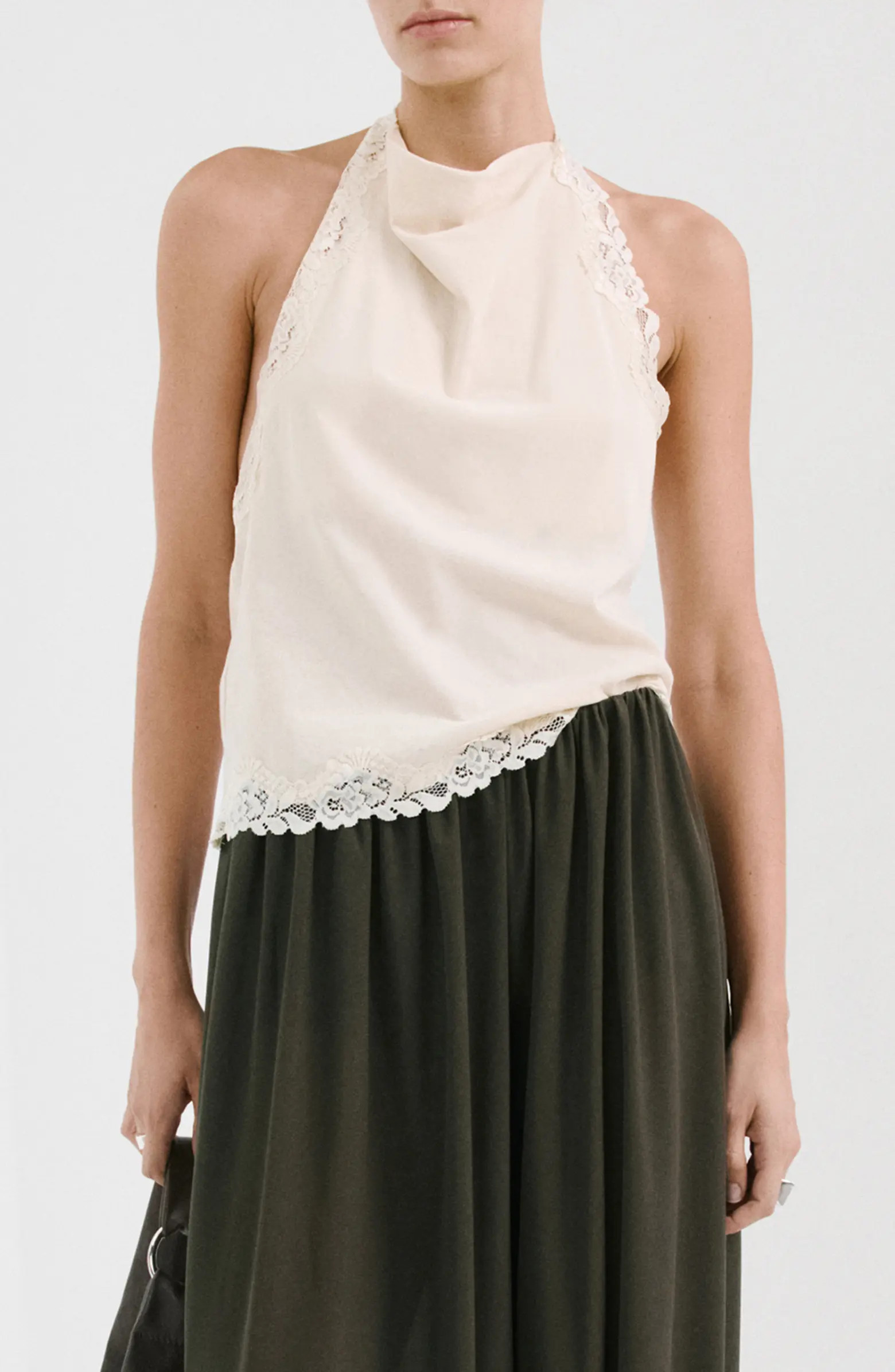 MANGO Kristen Draped Lace Detail Cotton Halter Top | Nordstrom | Nordstrom