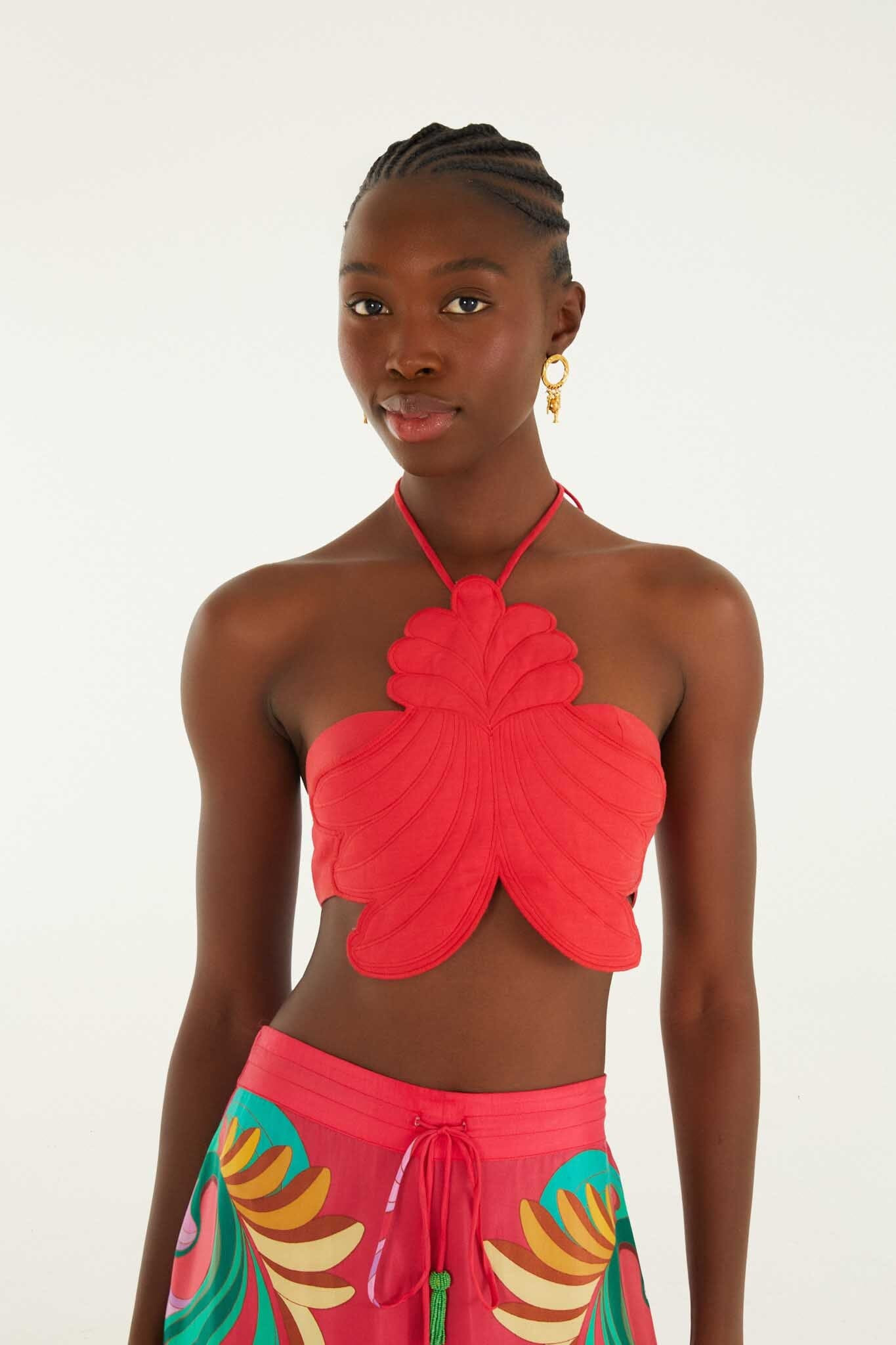 Red 3d Shell Halter Neck Crop Top | Farm Rio UK