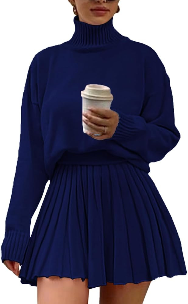 Women's 2 Piece Outfits Turtleneck Long Sleeve Oversized Pullover Sweaters and Pleated Mini Skirt... | Amazon (US)