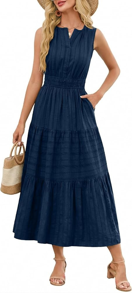 Funlingo Summer Maxi Dresses for Women Casual Sleeveless V Neck Elastic Waist Midi Wedding Guest ... | Amazon (US)