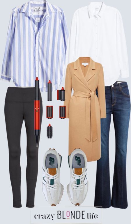 7 Items I purchased from the Nordstrom Anniversary Sale - striped oversized blouse from Frank & Eileen, Nordstrom brand oversized white blouse, Reiss long camel belted coat, AG dark wash, high rise, flare jeans, Zella black workout leggings, Dyson air wrap, Nike sneakers 

#LTKxNSale #LTKbeauty #LTKstyletip