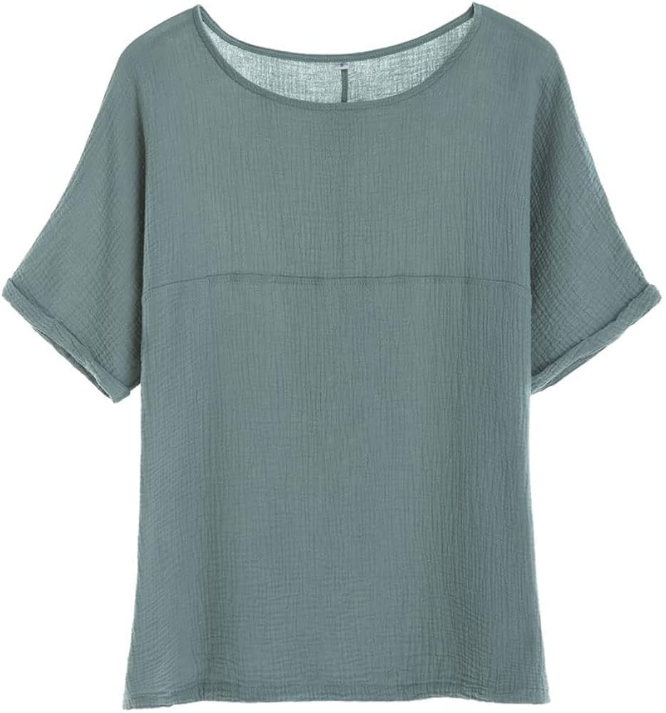 Soojun Women's Cotton Linen Round Collar Boxy Top Patchwork Blouses | Amazon (US)