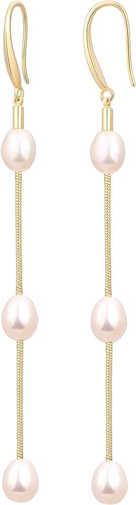 18K Gold Long Pearl Earrings Baroque Drop Dangle Earrings for Women Statement Snake Chain Dainty ... | Amazon (US)