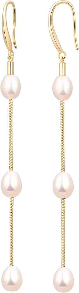 18K Gold Long Baroque Pearl Earrings Drop Dangle Earrings for Women Statement Snake Chain Dainty Adj | Amazon (US)