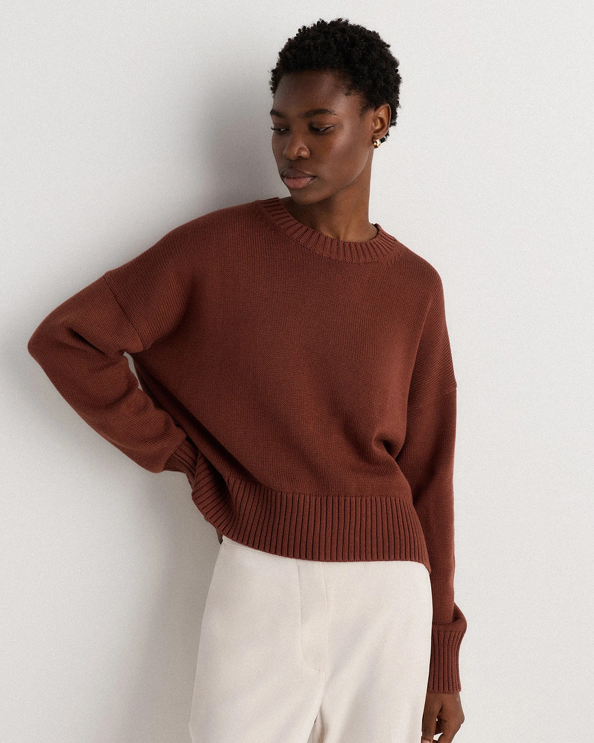 100% Organic Cotton Boyfriend Crew Sweater in Redwood Brown | Quince