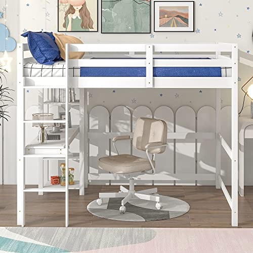 BIADNBZ Full Size Loft Bed with Desk and Shelves for Kids/Teens,White | Amazon (US)