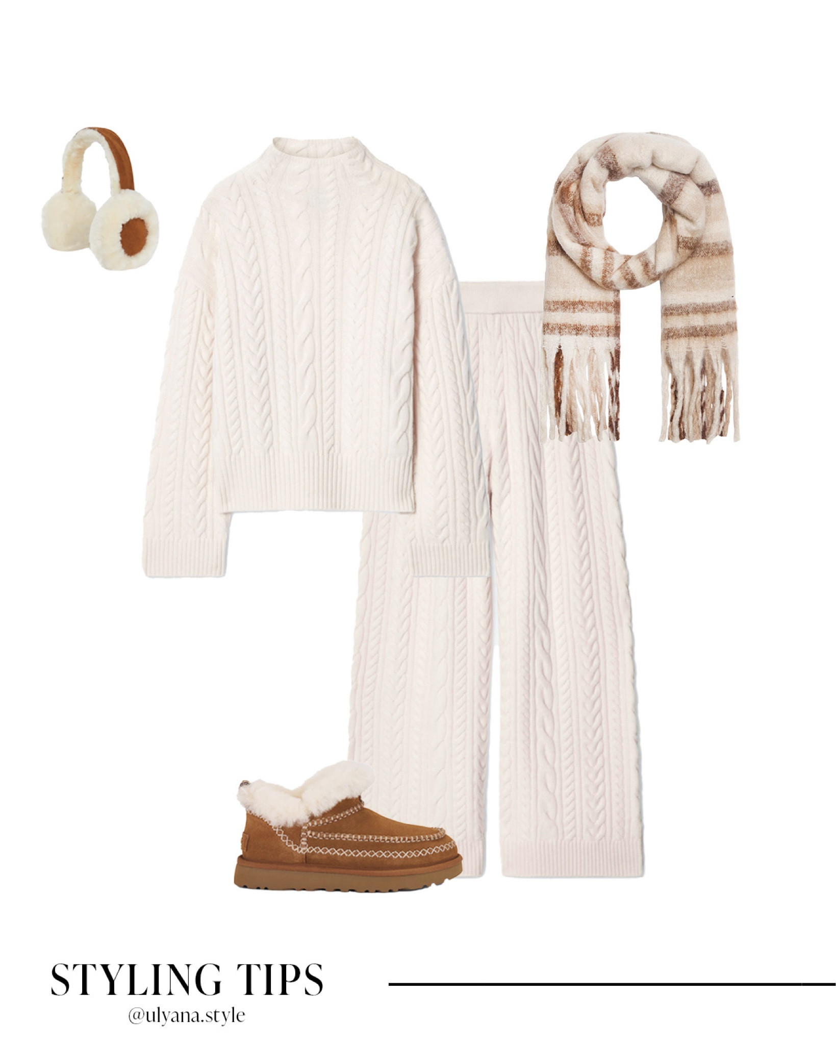 Cozy and cute for winter days! ❄️ This white cable knit pant and sweater lounge set is the perfect mix of comfort and style, paired with UGG alpine booties for a touch of warmth. Add a winter scarf and fur earmuffs to complete this cozy winter outfit—great for lounging at home, a snowy cabin getaway, or casual errands.
.
.
.
.
.
Winter outfit | winter boots | loungewear | lounge pants | loungewear set |  matching set | cable knit set | winter white pants | cabin outfit | comfy pants | casual pants | sweater pants | sweater outfit | sweater set | cable knit sweater | sweater lounge set | white sweater outfit | scarf outfit | blanket scarf | booties outfit | brown booties | ankle booties | snow boots | snow outfits 

#LTKSeasonal #LTKHoliday #LTKU #LTKSaleAlert #LTKGiftGuide #LTKWorkwear #LTKTravel #LTKShoeCrush #LTKItBag 

#LTKFindsUnder50 #LTKFindsUnder100 #LTKStyleTip
