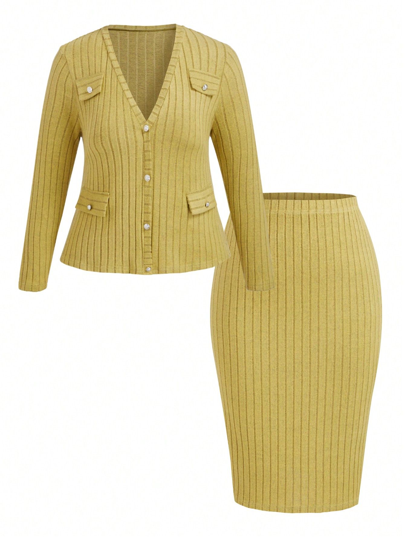 SHEIN Clasi Plus Size Solid Color Front Button Long Sleeve Faux Pocket Simple Blouse And Mini Ski... | SHEIN