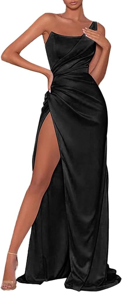Women's One Shoulder Long Formal Dresses Sleeveless Ruched Bodycon Wedding Guest Slit Dress | Amazon (US)