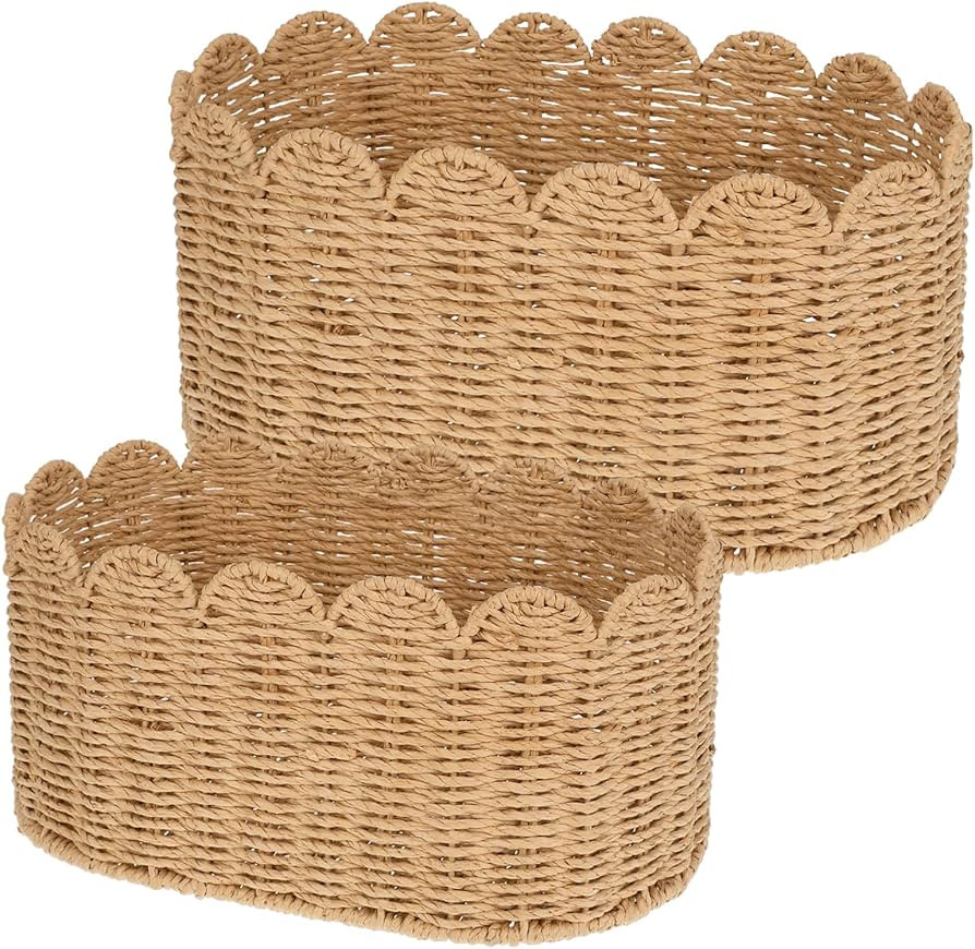 2 PCS Scalloped Basket Set - Hand-Woven Rattan Baskets Decorative Wicker Organizer Box with Scall... | Amazon (US)