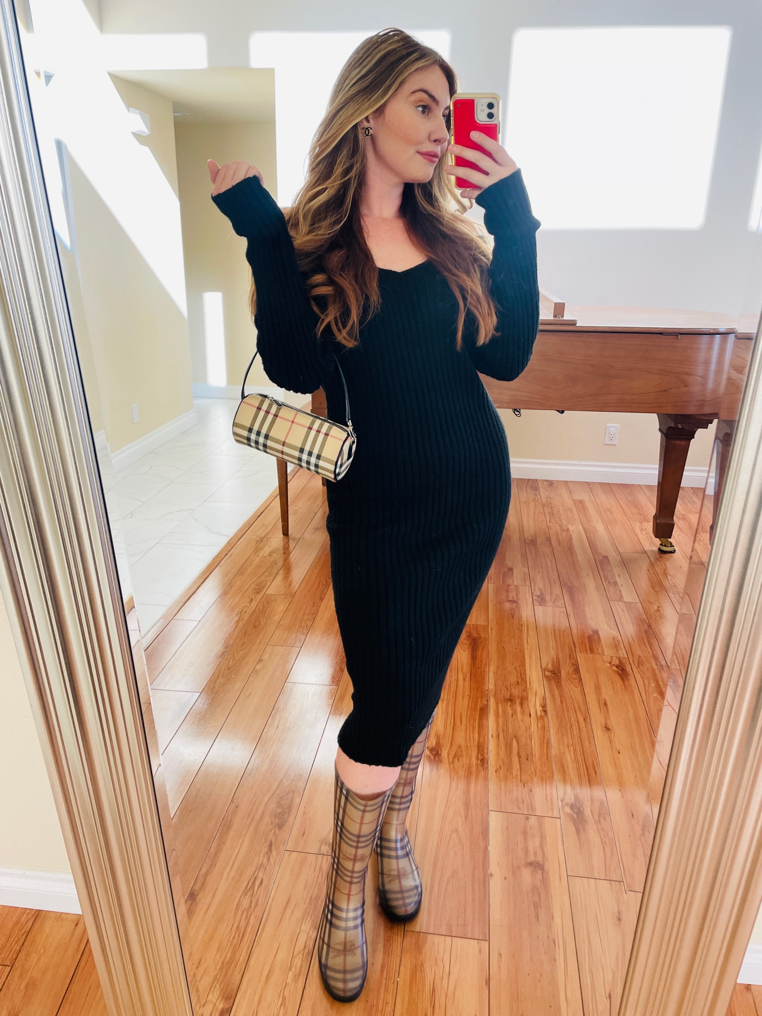 Easy sweater dress outfit this fall/winter! Linked a similar look. My dress is Glamify Fashion. My Burberry rain boots and bag are vintage! 

#LTKfit #LTKitbag #LTKstyletip