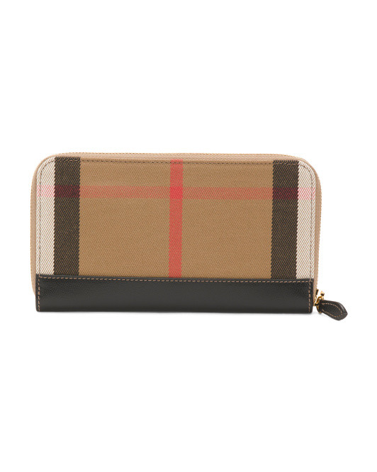 Large Zip Around Wallet In Checkered Pattern With Leather Trim | TJ Maxx