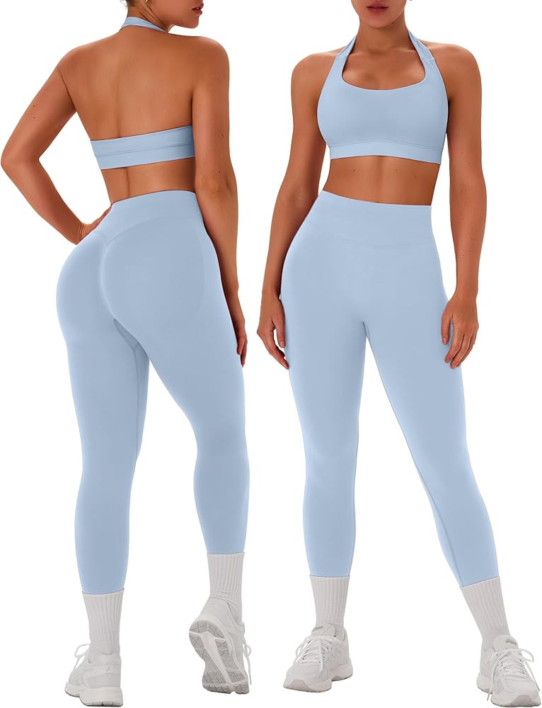 TDIFFUN Women Workout Sets 2 Piece Halter Sports Bra Gym Booty Leggings | Amazon (US)