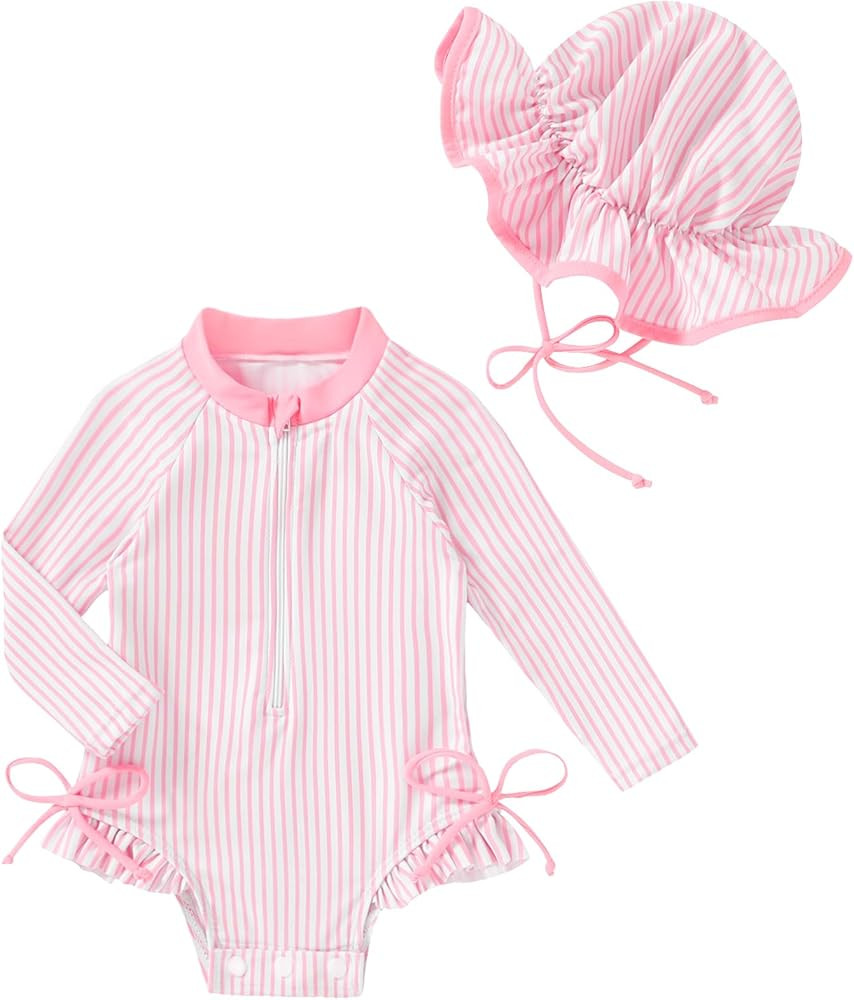 Happy Town Baby Girls Swimsuit Long Sleeves Zipper Ruffled Bathing Suit Infant Girl Beach Essenti... | Amazon (US)