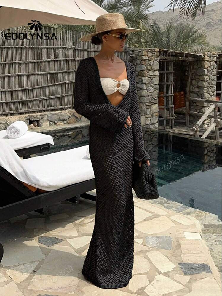 Two Ways To Wear It Hollow Out Long Sleeve Maxi Cruise Cover Up Dress Sexy European And American Style Summer | SHEIN