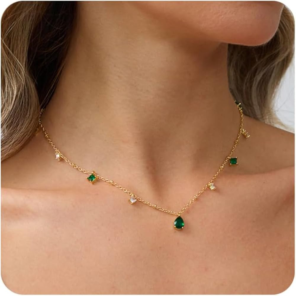 RLMOON Gold Necklaces for Women 14K Gold Plated CZ Diamond Choker Necklace Red Emerald Green Blue... | Amazon (US)