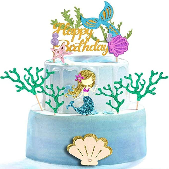 7pc Glitter Mermaid Birthday Cake Toppers with Seaweed and Mermaid,Cake Cupcake Toppers for Girls... | Amazon (US)