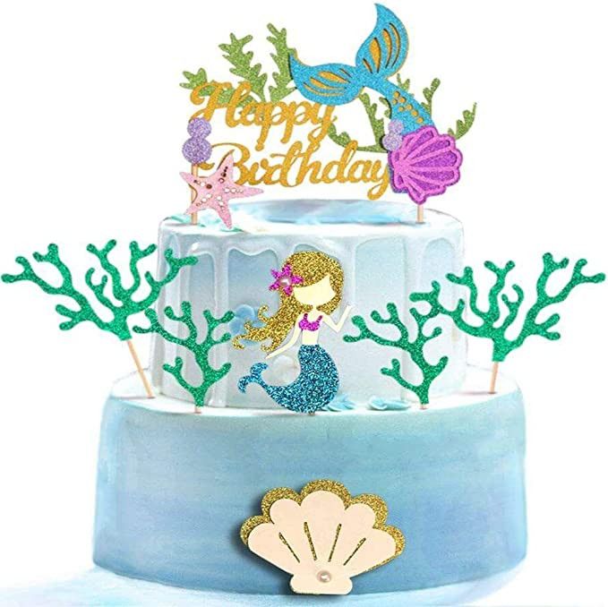 7pc Glitter Mermaid Birthday Cake Toppers with Seaweed and Mermaid,Cake Cupcake Toppers for Girls... | Amazon (US)