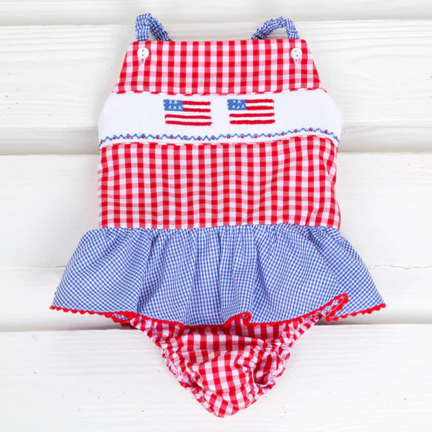 Red Gingham Flag Smocked One Piece Swimsuit | Classic Whimsy