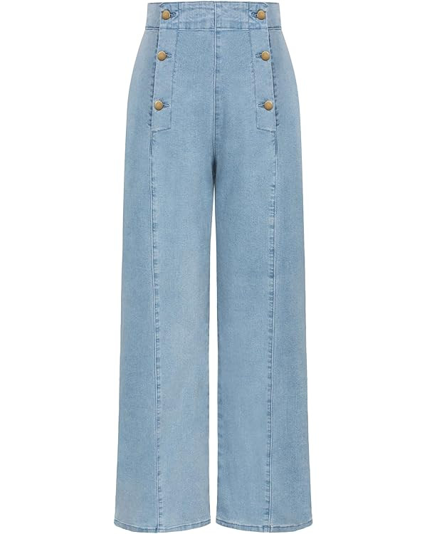 Belle Poque Women's High Waisted Wide Leg Jeans Button Decorated Casual Stretchy Demin Pants with... | Amazon (US)