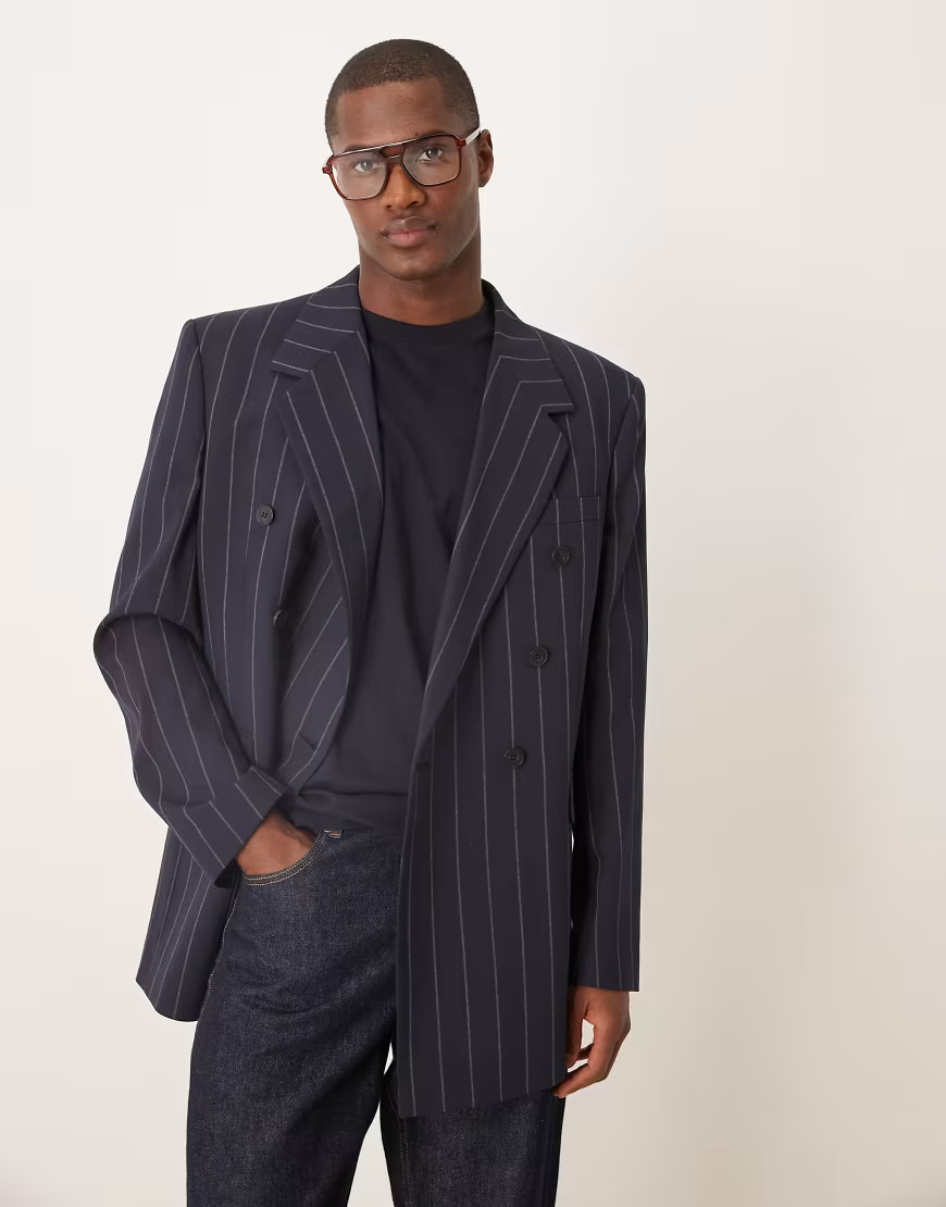 ASOS DESIGN relaxed blazer in navy pinstripe | ASOS (Global)