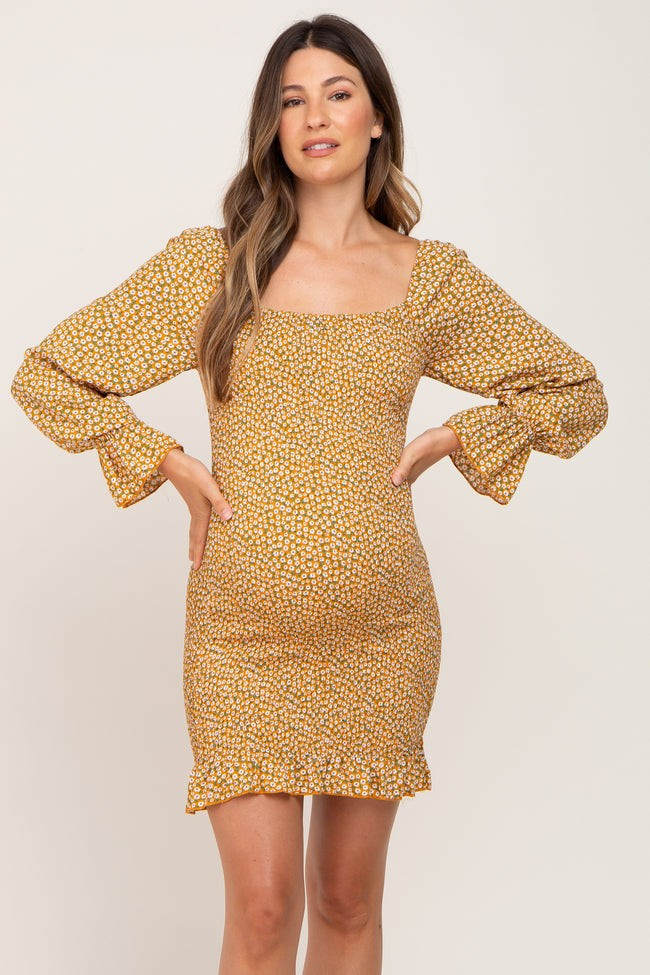 Yellow Ditsy Floral Smocked Long Sleeve Maternity Mini Dress | PinkBlush Maternity