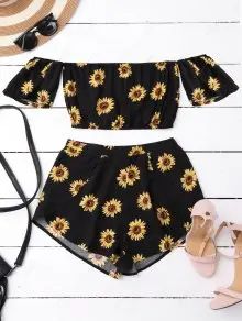 Off Shoulder Crop Top and Sunflower Shorts | ZAFUL (Global)