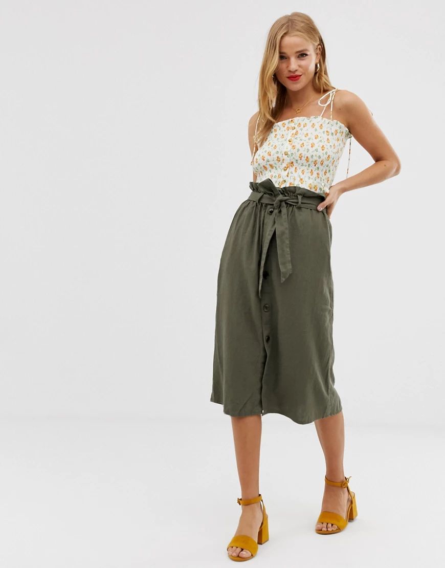 JDY button through linen midi skirt-Green | ASOS (Global)