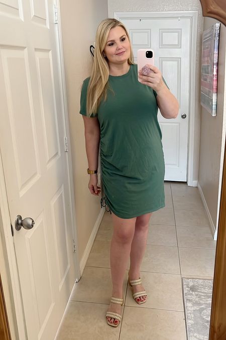 Target green cinched side t shirt dress is 30% off today- only $14! Still a good regular price at $20! Fits true to size. I’m wearing the large. Comes in other colors  

#LTKworkwear #LTKsalealert #LTKcurves