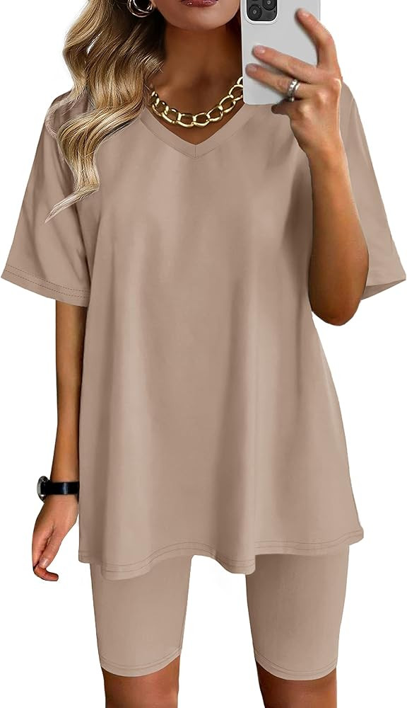 Two Piece Outfits For Women Summer V Neck T-Shirt Tops Biker Shorts Workout Sports Tracksuit | Amazon (US)