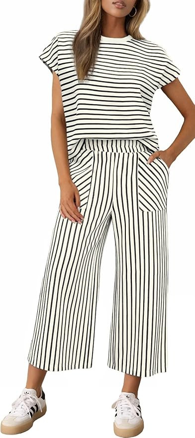 2 Piece Sets for Women Summer Outfits Short Sleeve Top Wide Leg Crop Pants Womens Matching Sets f... | Amazon (US)
