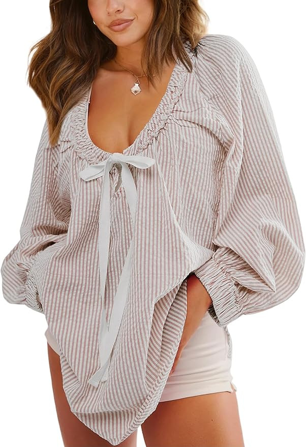 Striped Blouses for Women Dressy Casual Loose Fit Tunic Tops Long Sleeve Scoop Neck Bow Tie Shirt | Amazon (US)