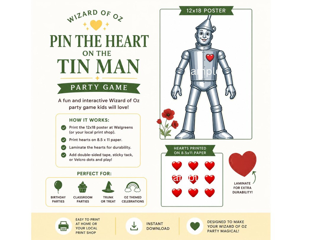 Wizard of Oz Pin the Heart on the Tin Man Game Etsy Listing Photo Template - Etsy | Etsy (Global)