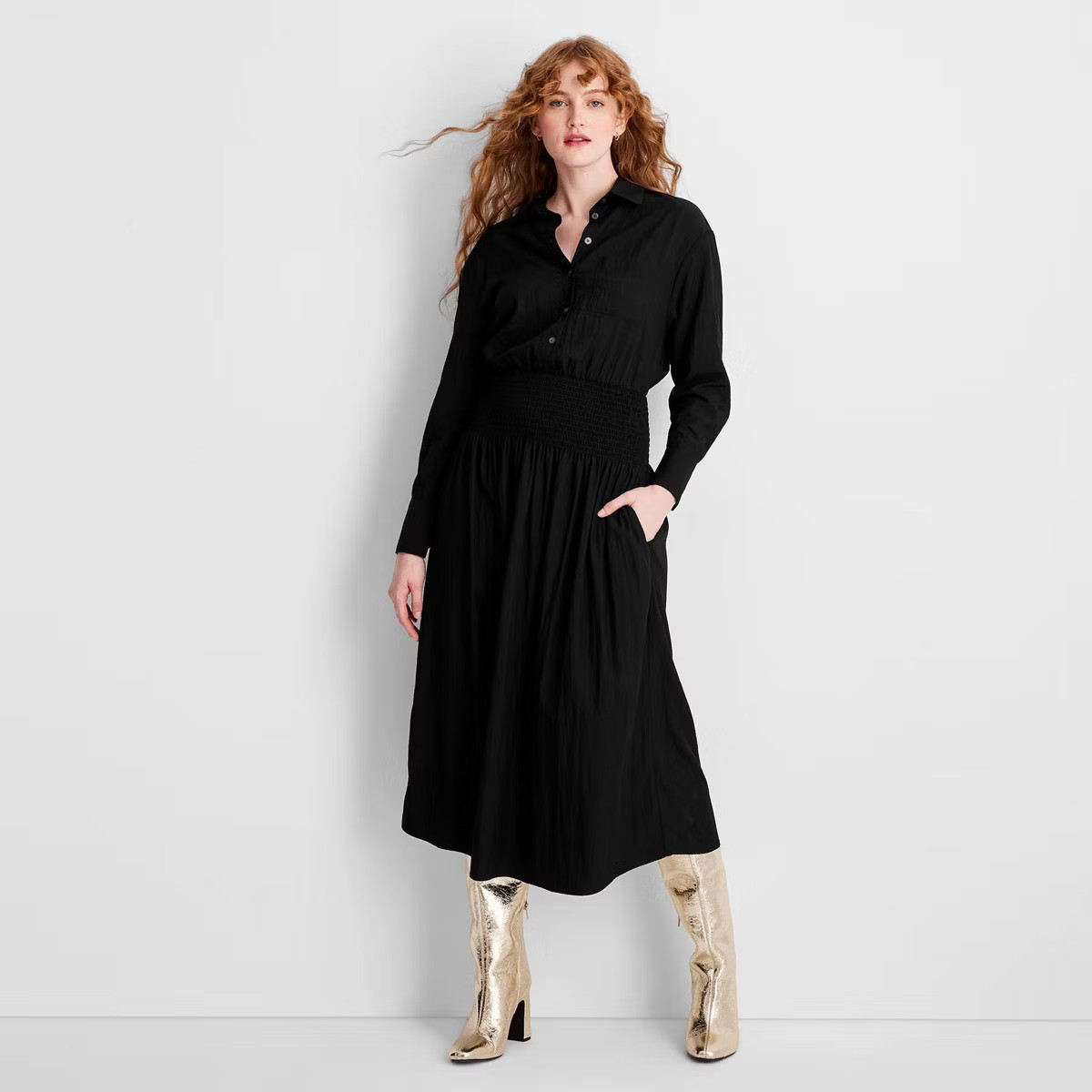 Women's Collared Long Sleeve Smocked Midi Shirtdress - Future Collective | Target