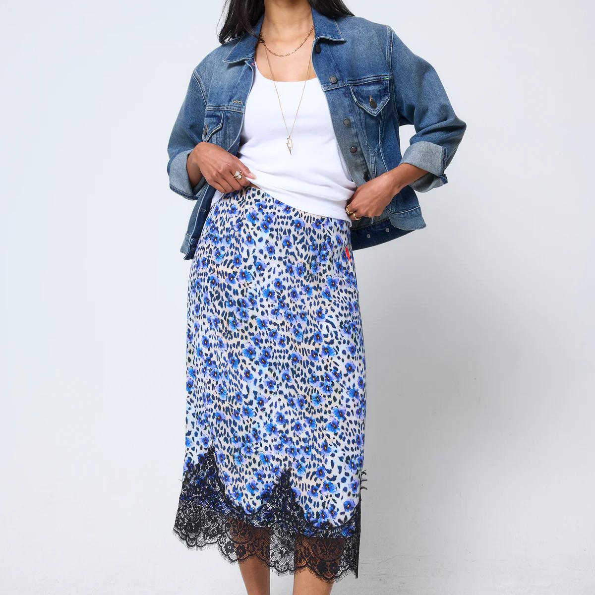 White with Blue Paradise Cheetah Lace Trim Midi Slip Skirt Scamp & Dude | Scamp & Dude