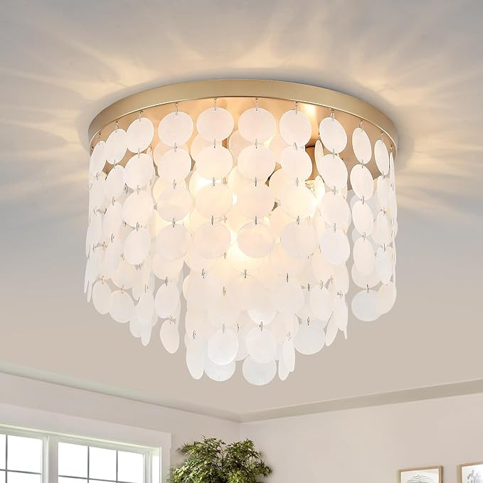 Gold Flush Mount Ceiling Light Fixture, 17.7" Modern Coastal Capiz Shell Chandelier Light for Bed... | Amazon (US)