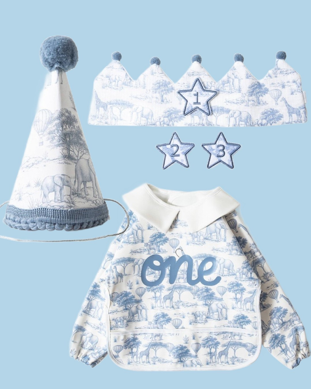 Birthday hat, birthday bib, birthday crown in toile blue for baby boy and baby girl! 
@target #grandmillennial #baby #birthday
