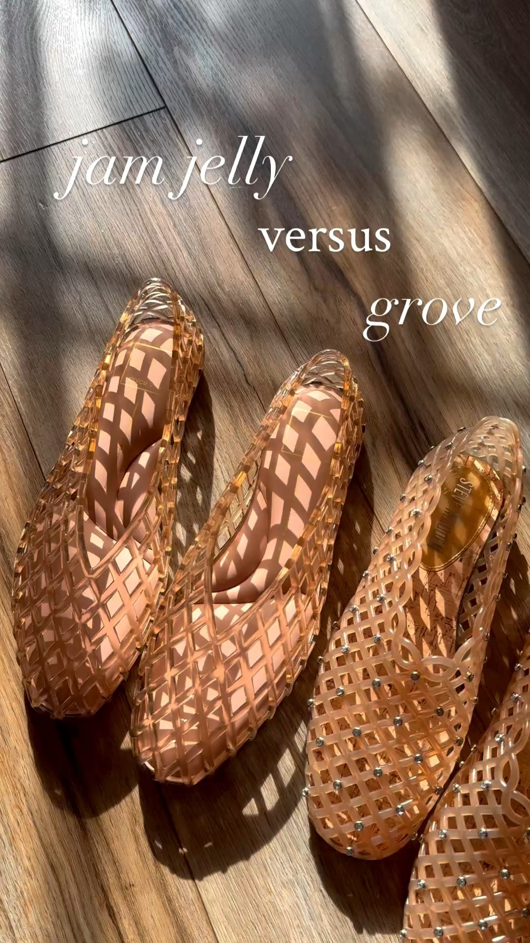 comparing two of the most popular jelly flats of the summer! the jam jelly jelly flat by dolce vita and the grove jelly shoe by steve madden. both in my normal size 7. both in the similar mocha colors.

both are beautiful, comfy, nostalgic and around the same price point, but one just stands out a little more for me…

I thought I would have preferred the jam jelly because of the flattering shape and memory foam, but the sparkly grove jelly shoes surprised me!

the steve madden grove rhinestone jelly flats are a little more lightweight and the higher shoe opening helps the shoe be more firm fitting. 

both were easy to walk in, but the grove was just a little better imo. the jelly material is lighter, a little more gummy/stretchy and the fit feels more natural to the foot. 

I still looove the jam jelly and I plan on trying them in a size small smaller, and the clear color.

#LTKootd #LTKSeasonal #LTKSaleAlert