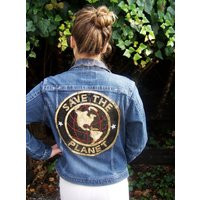 Denim Jacket Save The Planet Blue Jean Eco Statement Upcycled Clothing Women M | Etsy (US)